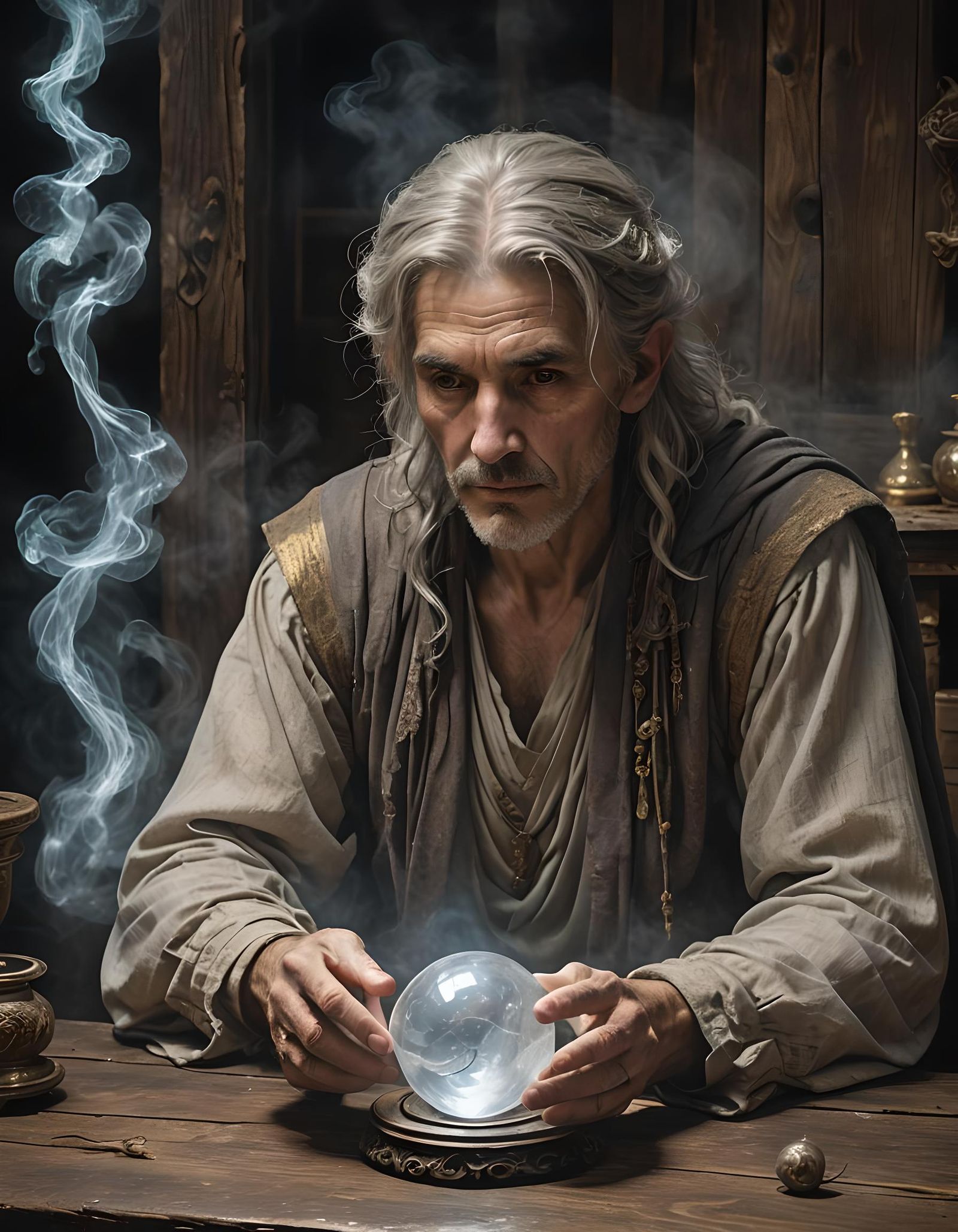 Hyperrealistic Soothsayer Gazing into Crystal Ball