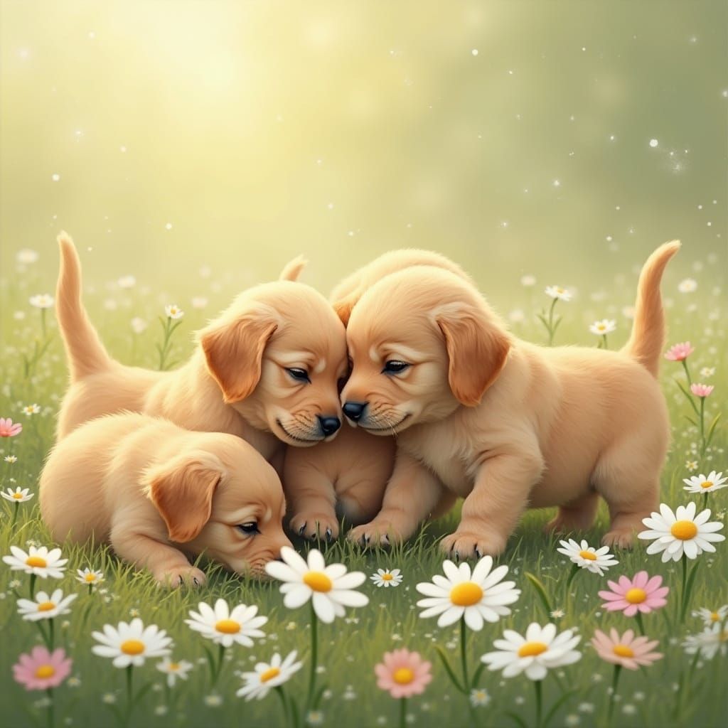 Golden Retriever Puppies Play in Pastel Daisy Field