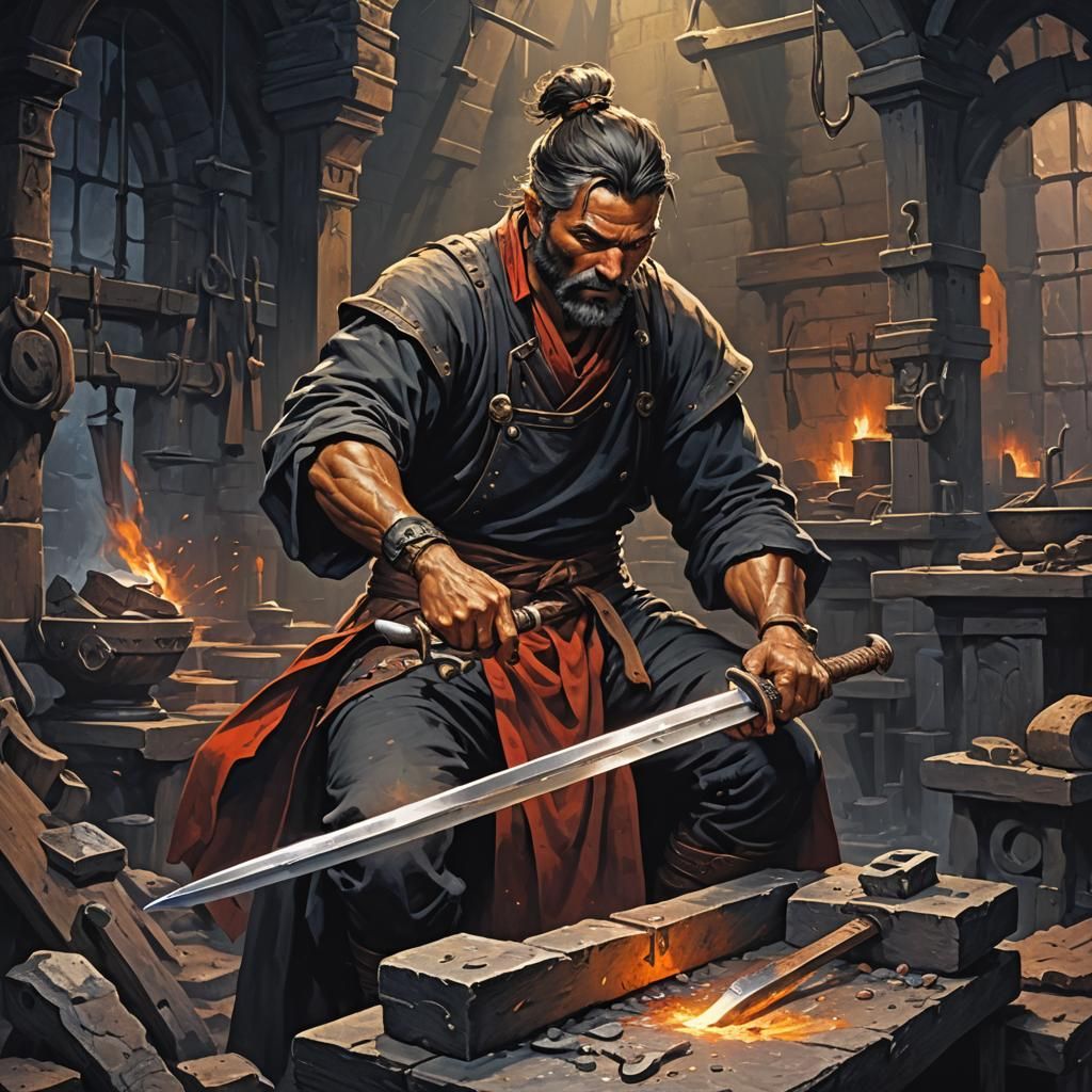 Mythological Blacksmith Forging a Sword in Dark Ambience