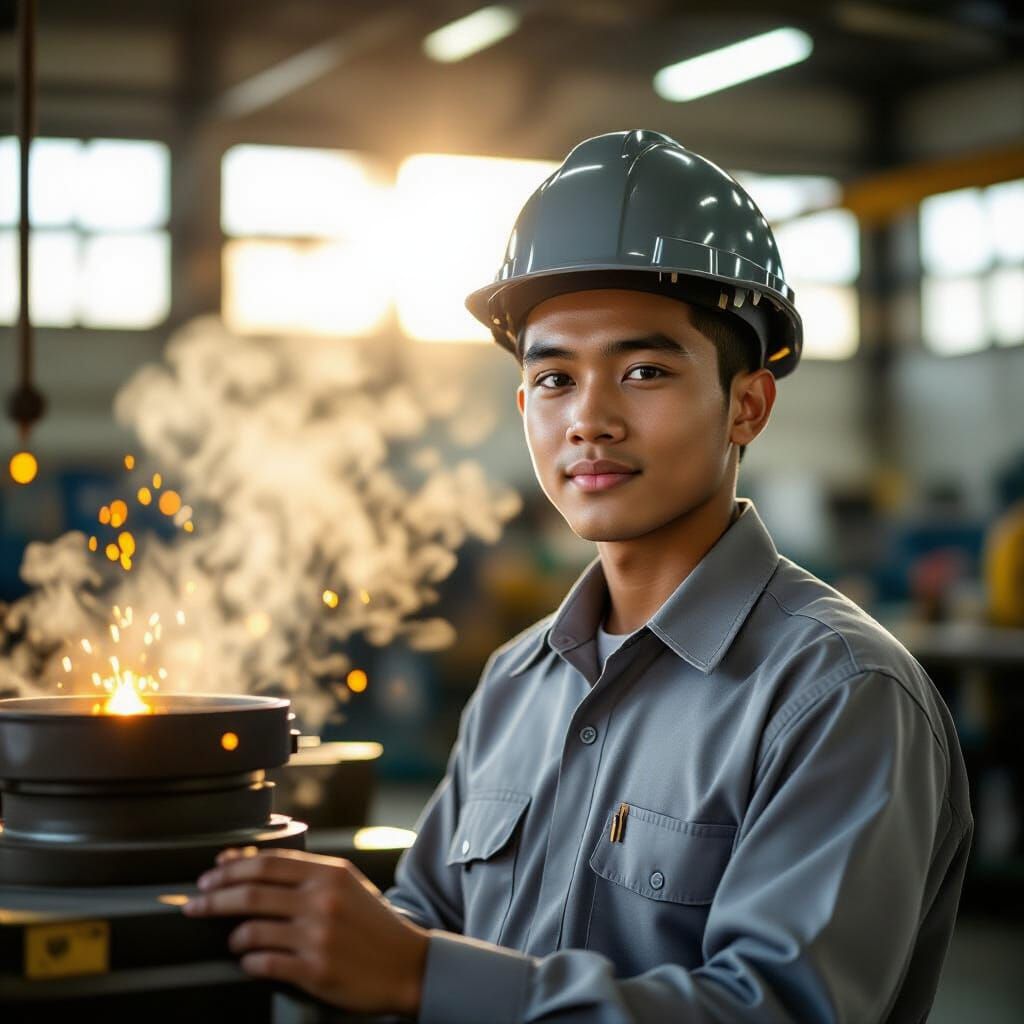 Malay Student in Polytechnic Workshop with Safety Helmet