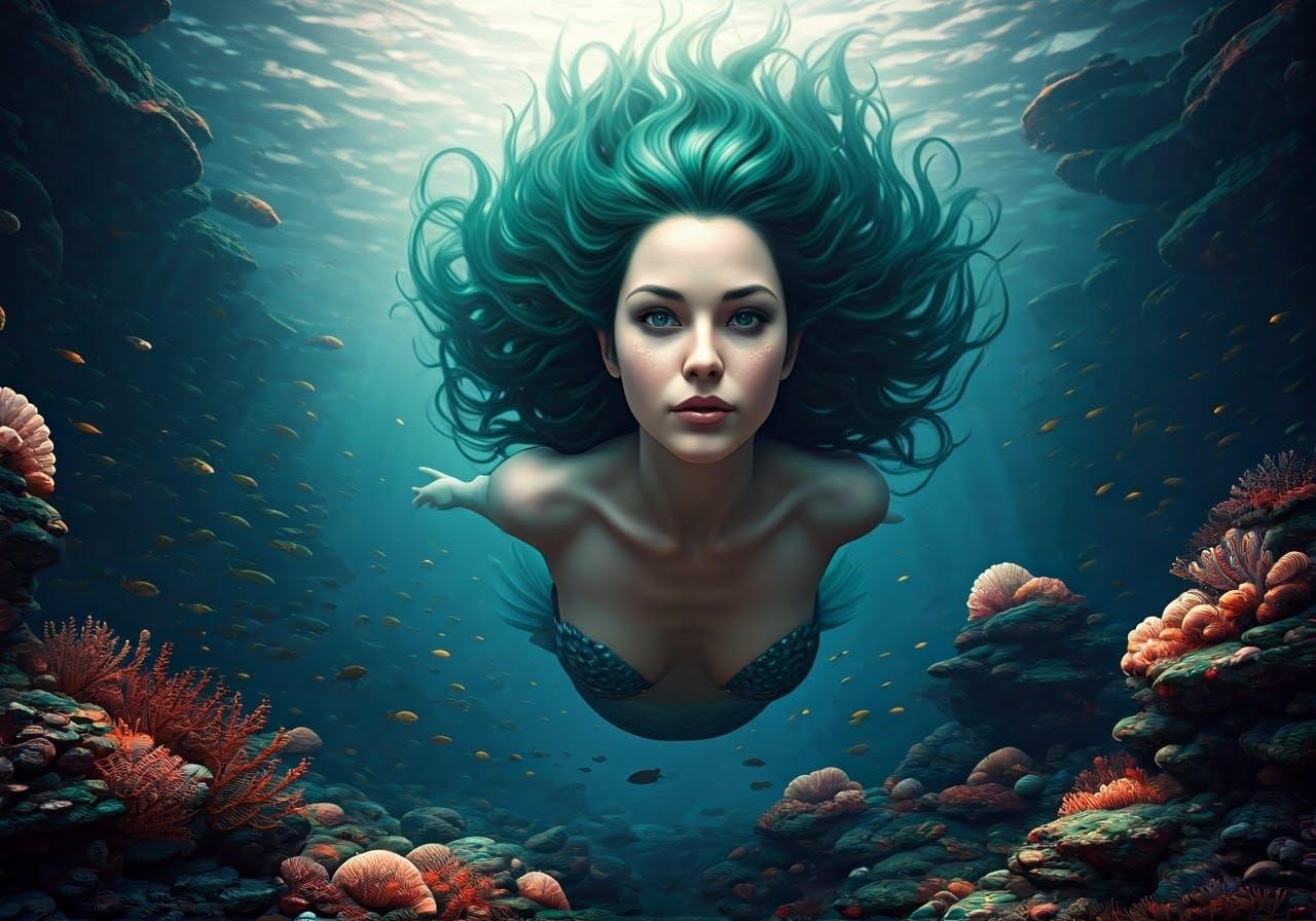 Luminous Mermaid in Bioluminescent Coral Reef