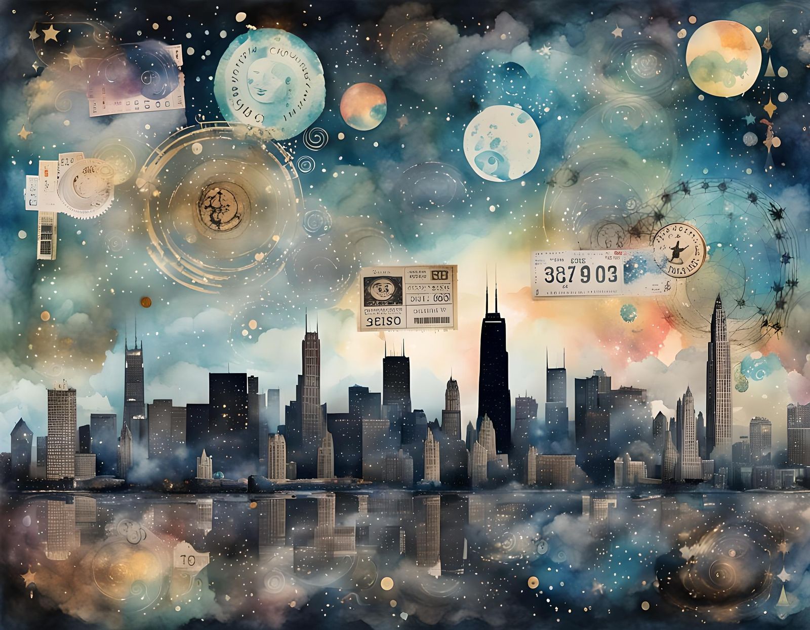 Whimsical Watercolor Poster Art of Chicago Collage