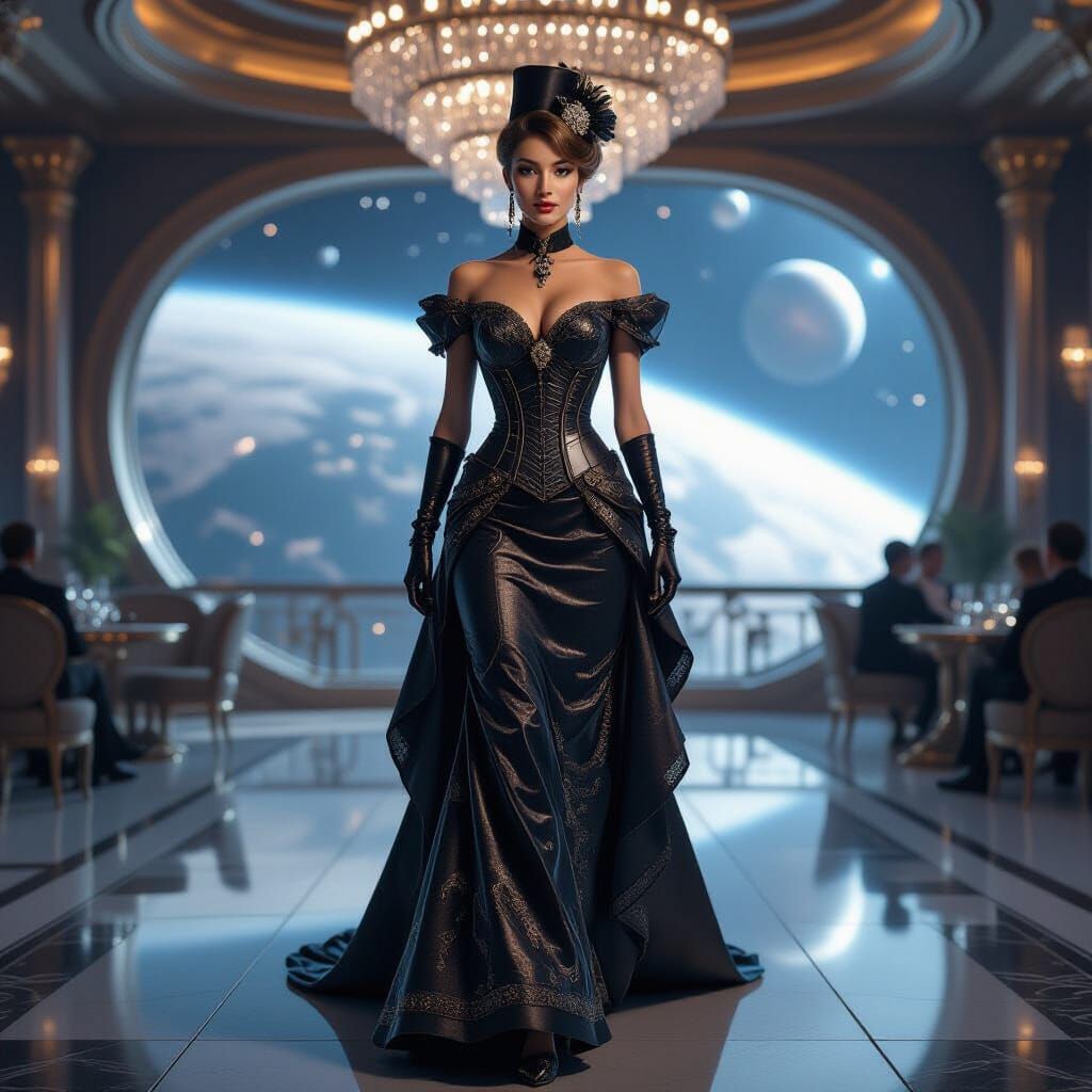 Futuristic Victorian Woman in Fiber Optic Dress on Space Sta...