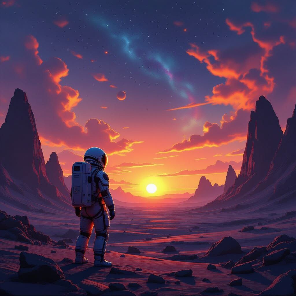 Astronaut on Alien Planet Gazing at Binary Sunset