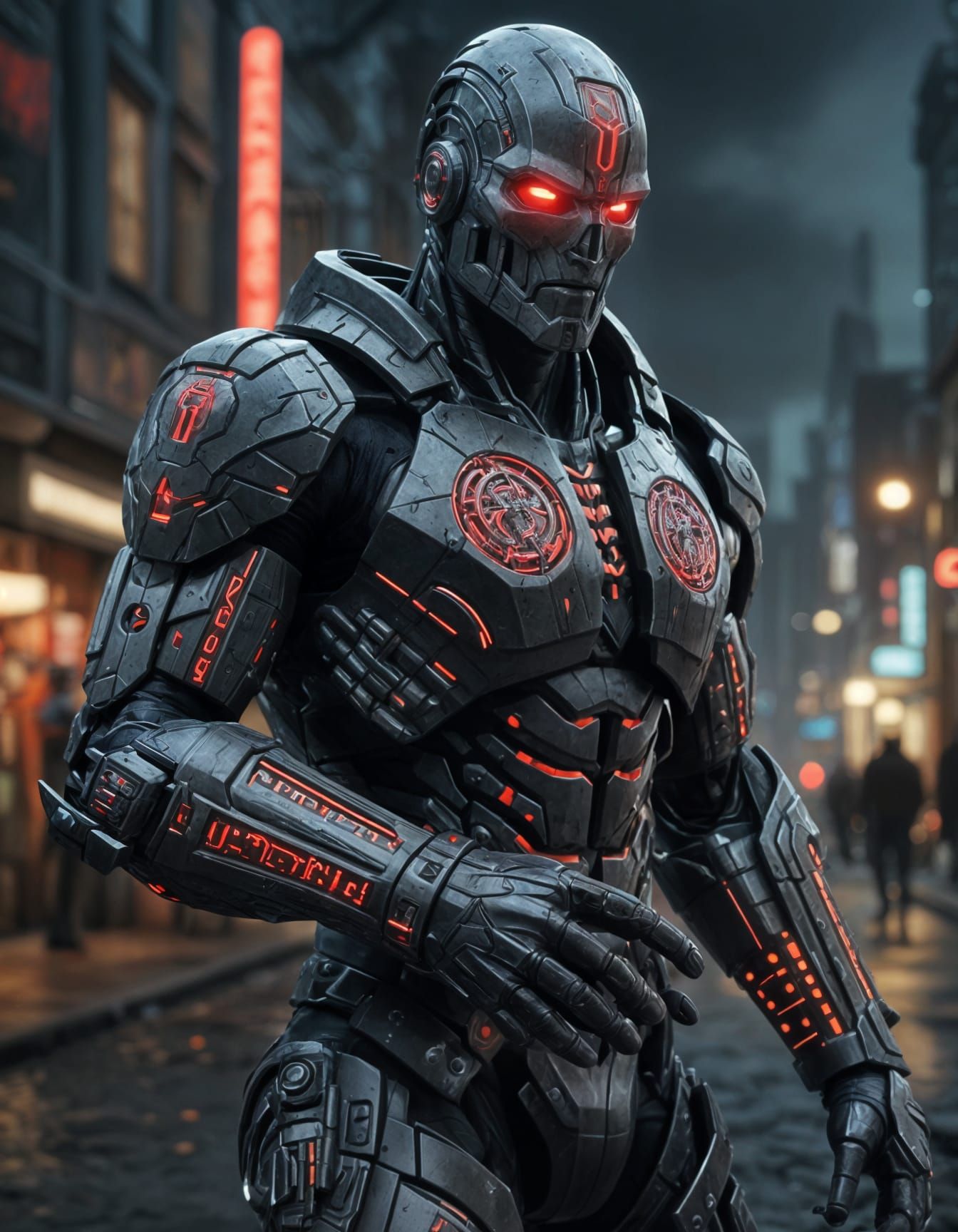 Cyborg Warrior with Demonic Runes in Futuristic City