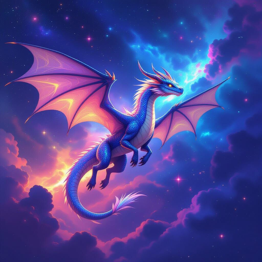 Iridescent Star Dragon Soaring Through Nebula Galaxy