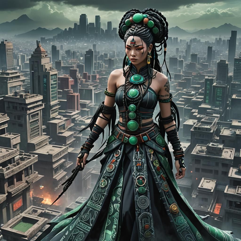 Aztec Fusion Woman in Cyberpunk Anime Style