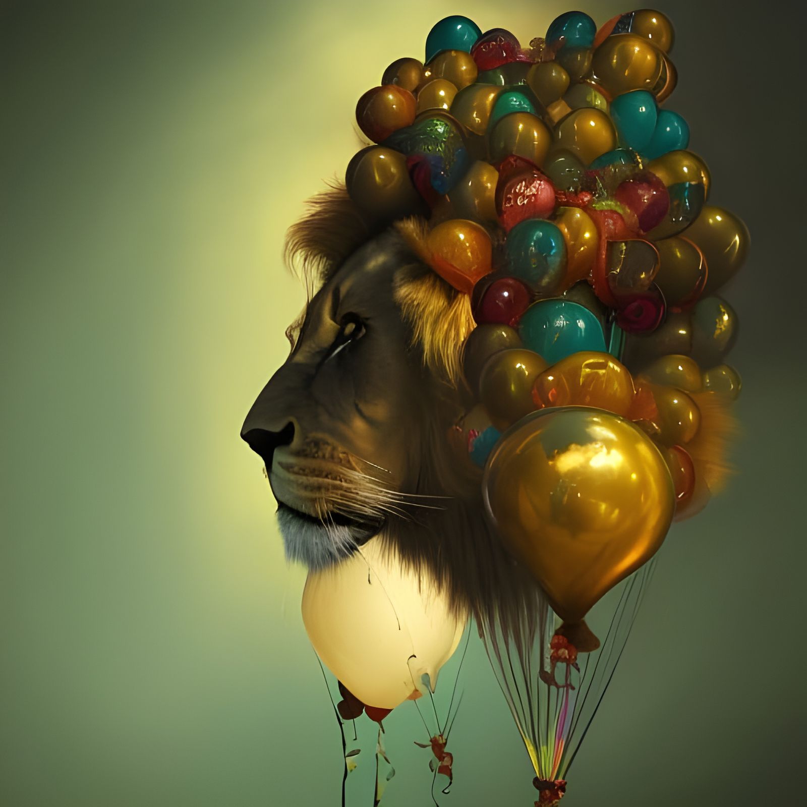 lion with balloons surreal mixed media dark emerald beautifu...