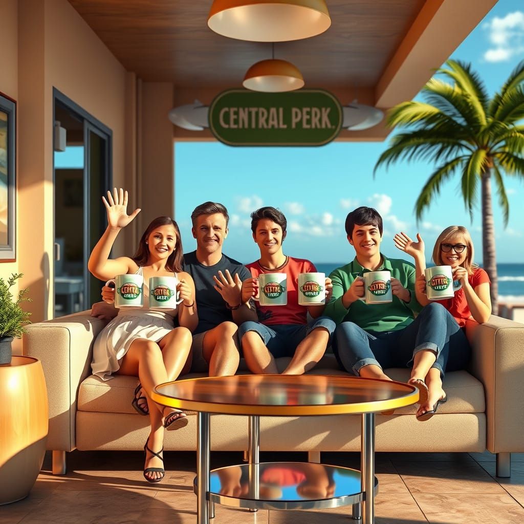 Friends Sitting on Beachside Sofa, Smiling and Waving with C...