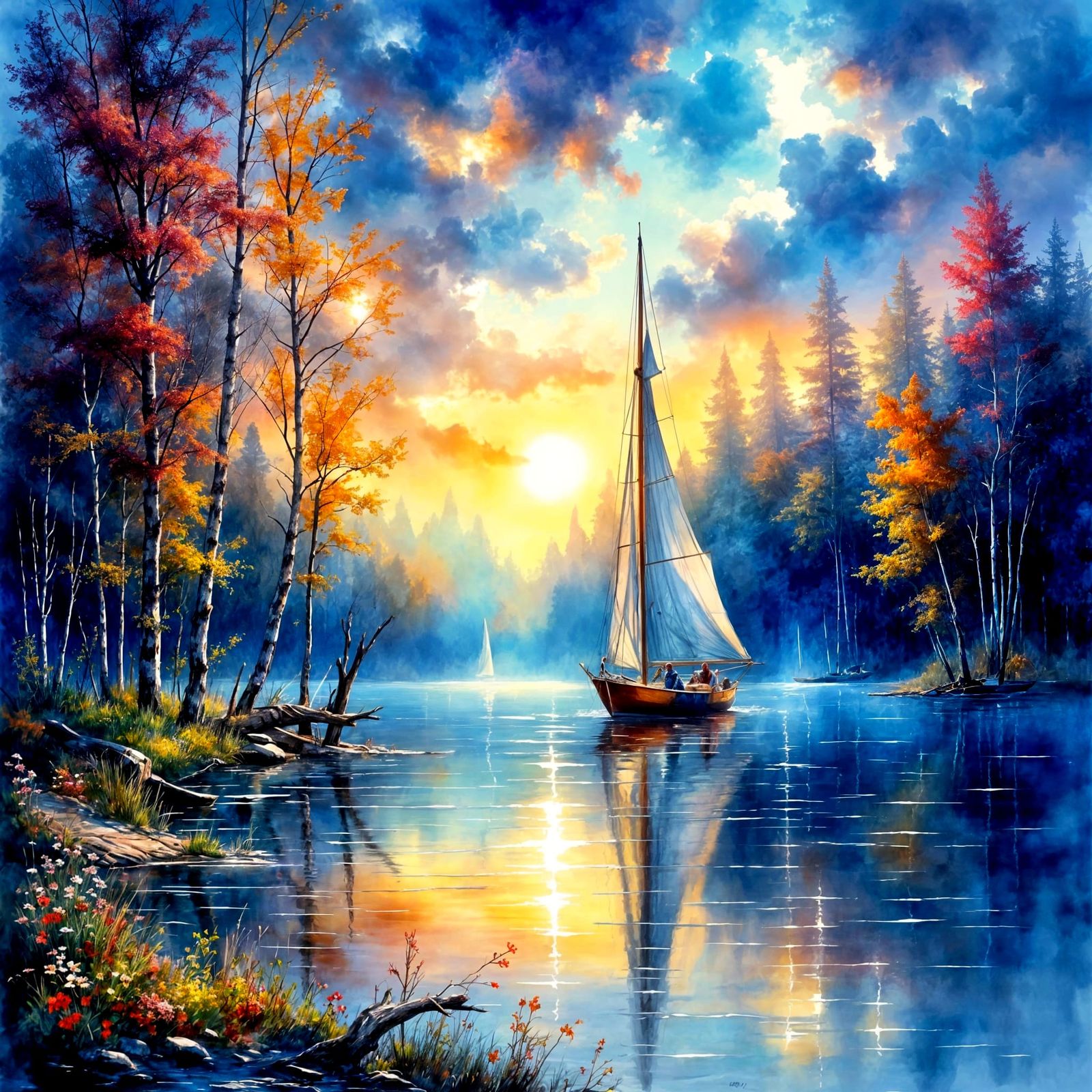 Sailboat in Moonlight Over Serene Lake