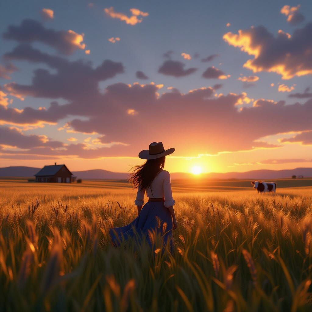 Woman in Cowboy Hat Watches Sunset in Grassy Field