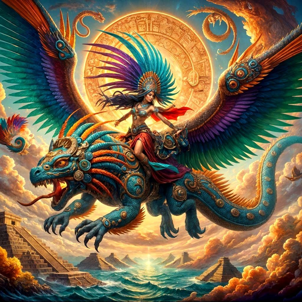 Aztec Priestess Rides Dragon in Baroque Surrealism