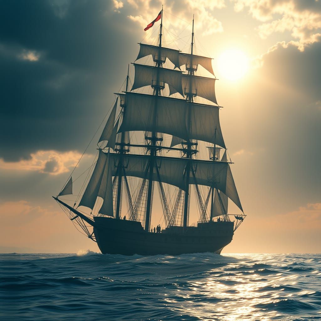 Ultra Realistic Sailing Ship in Cinematic Sunrise Light