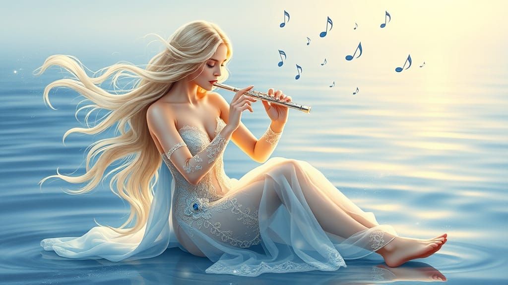 Mystical Woman Plays Enchanting Silver Flute in Ethereal Glo...