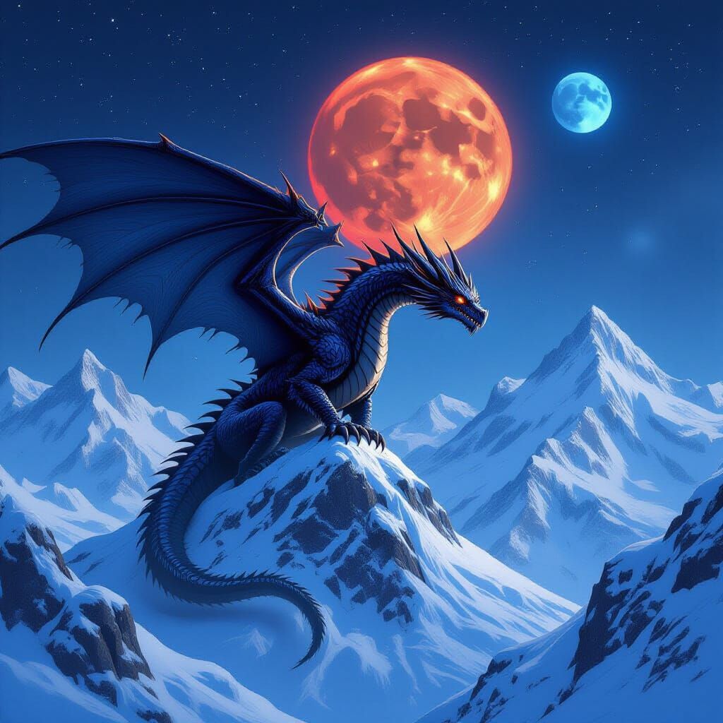 Epic Fire Dragon Over Snowy Peaks Under Twin Moons