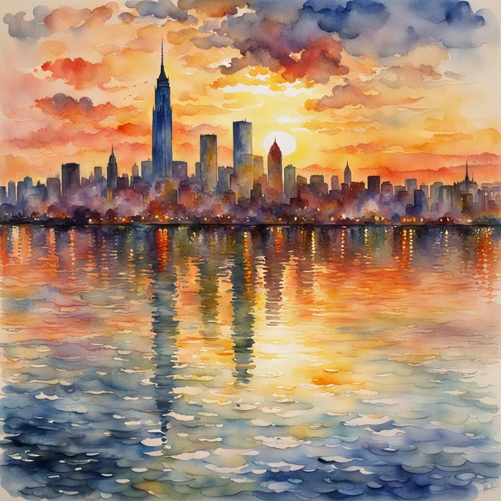Cityscape Sunset Watercolor Panorama in Maximalist Style