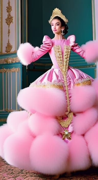 Woman in Furry Pink Gown in Ballroom
