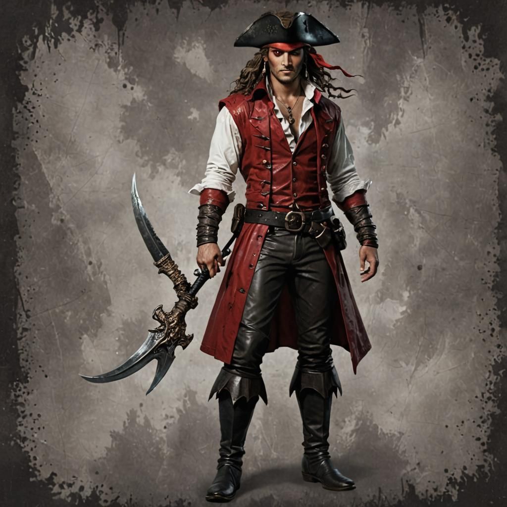 Merman with Red Scales in Pirate Outfit