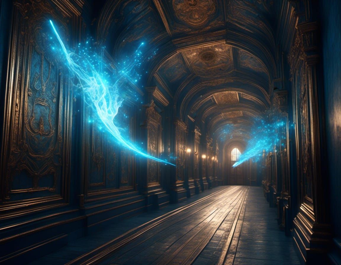 <lora:NC Hyperreal:1.0> A small glowing blue spark with a glowing trail in the shape of a person flying down a steampunk...