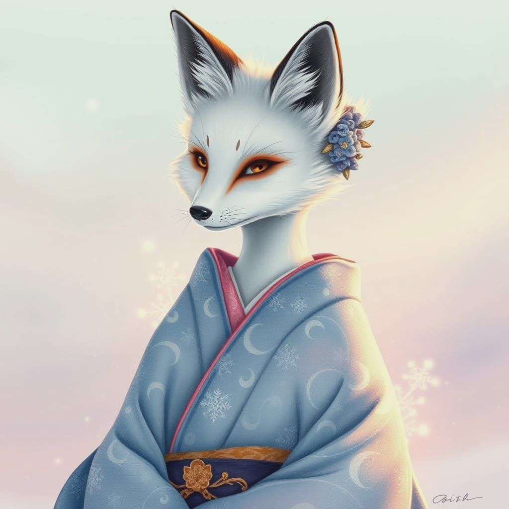 Elegant Arctic Fox in Traditional Kimono