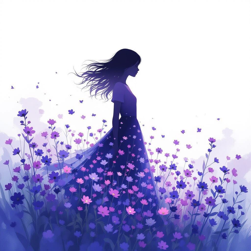 Girl Silhouette Formed by Purple Flowers Dissolving