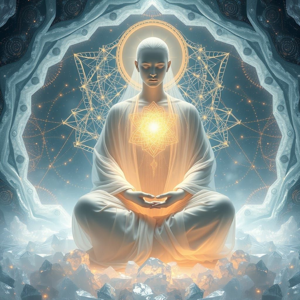 Serenely Radiant Figure in Sacred Geometry-Inspired Garb