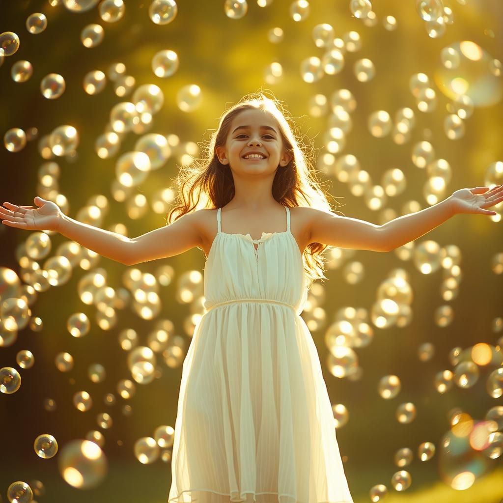 Woman Surrounded by Iridescent Bubbles: Cinematic Film Still