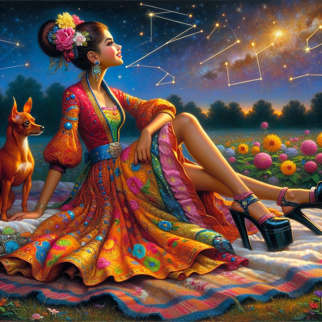 Girl and Dog Stargazing in Prairie Oil Painting