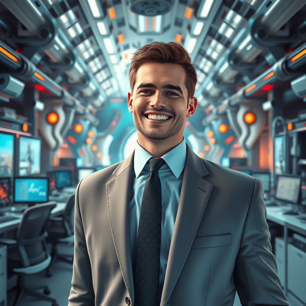 Confident Office Hero Smiling in Futuristic High-Tech Worksp...