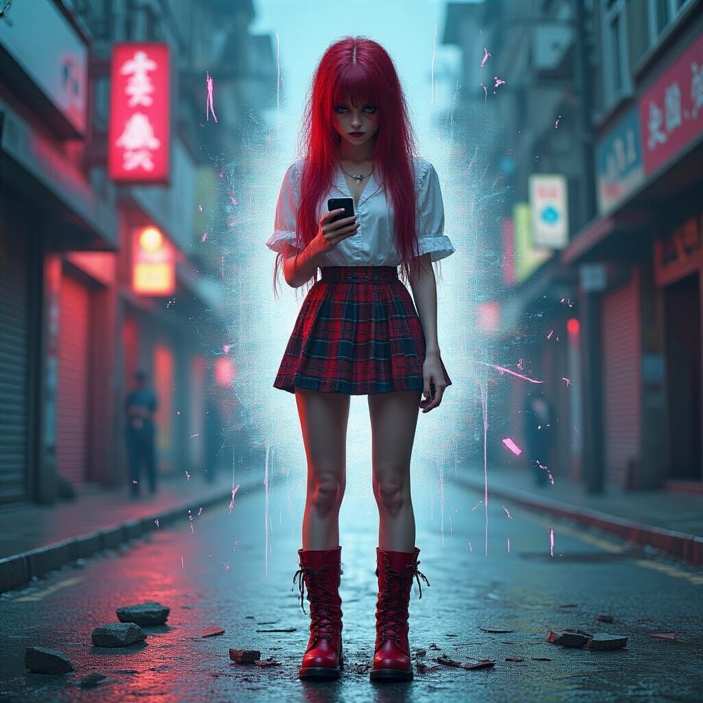 Cyberpunk Girl Disintegration in Neon Glitch