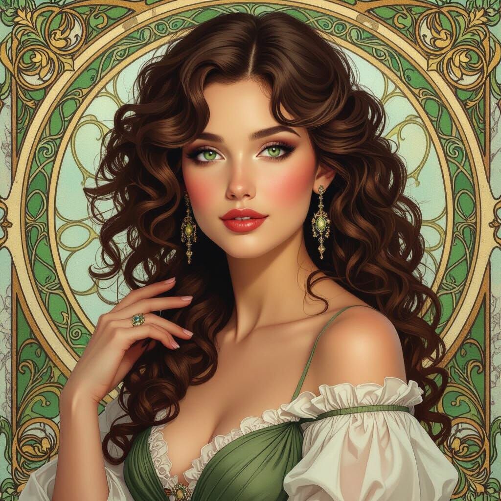 Elegant Woman with Green Eyes in Art Nouveau Style