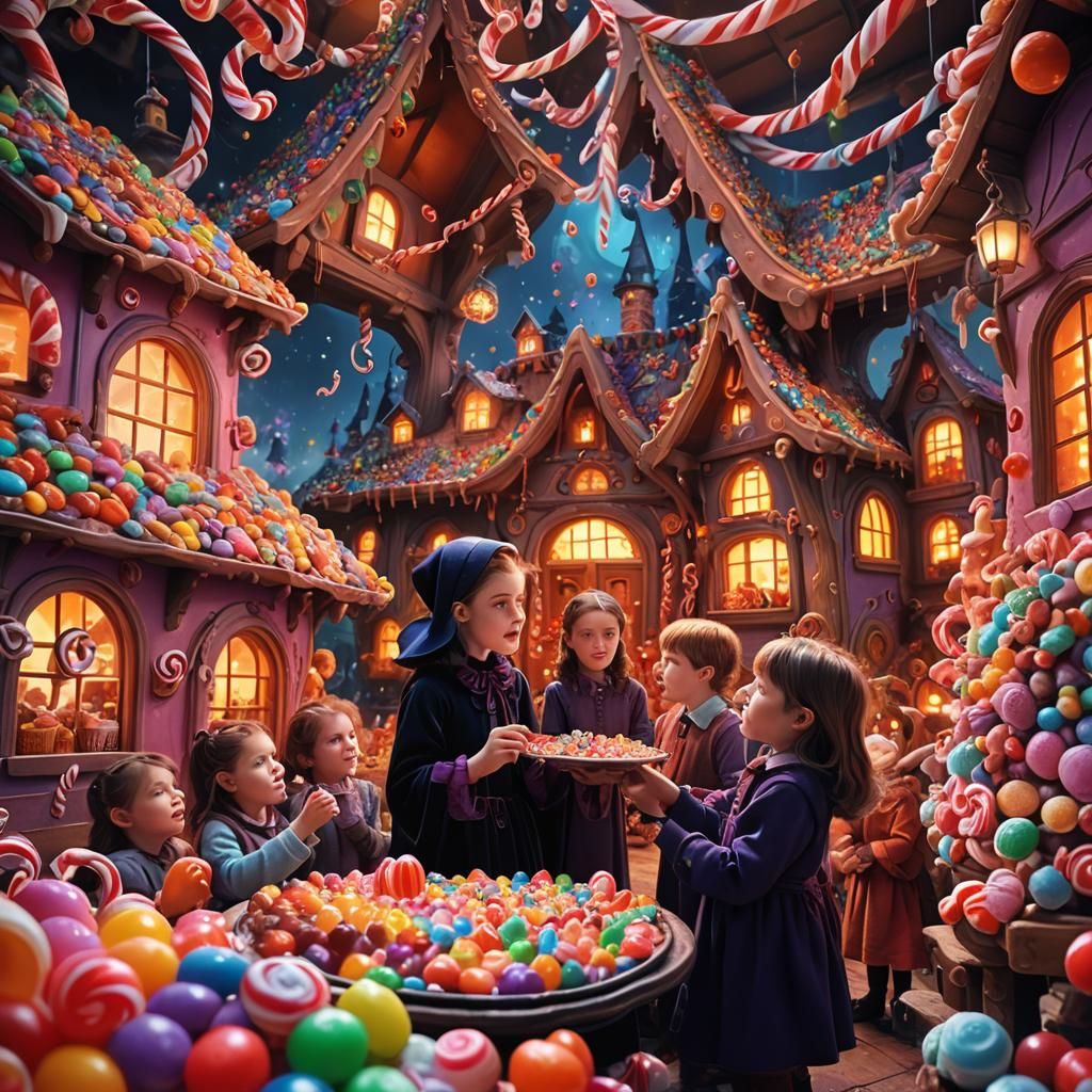 Children Capture Witch in Candy House: Digital Art