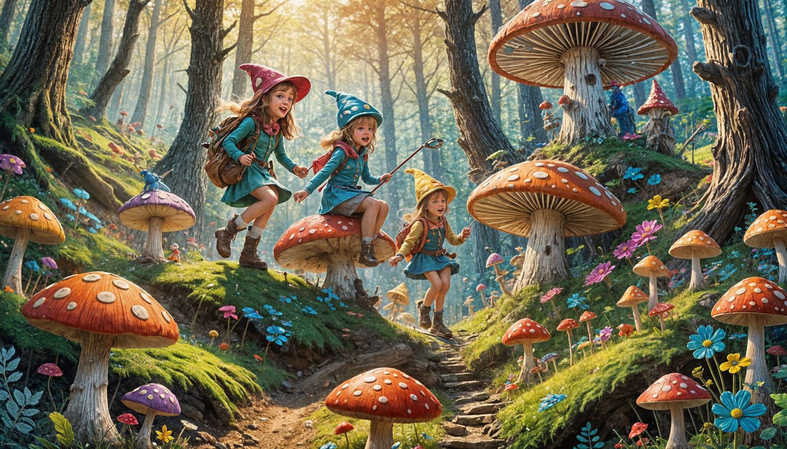 Fairies Skiing in a Colorful Toadstool Forest