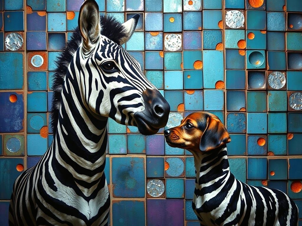 Surreal Oil Painting of a Zebra and Dog in Vibrant, Atmosphe...