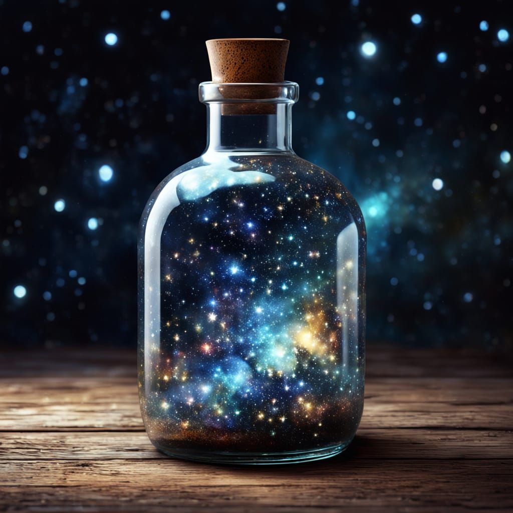 Cosmic Stars in Glass Bottle: Hyperrealistic Oil Painting