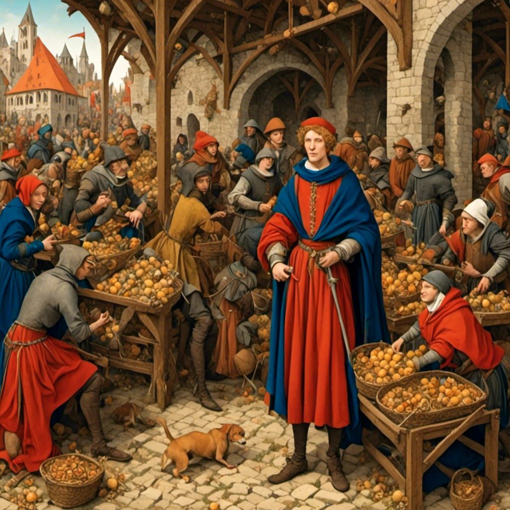 Medieval Market Scene in Historical Illustration Style