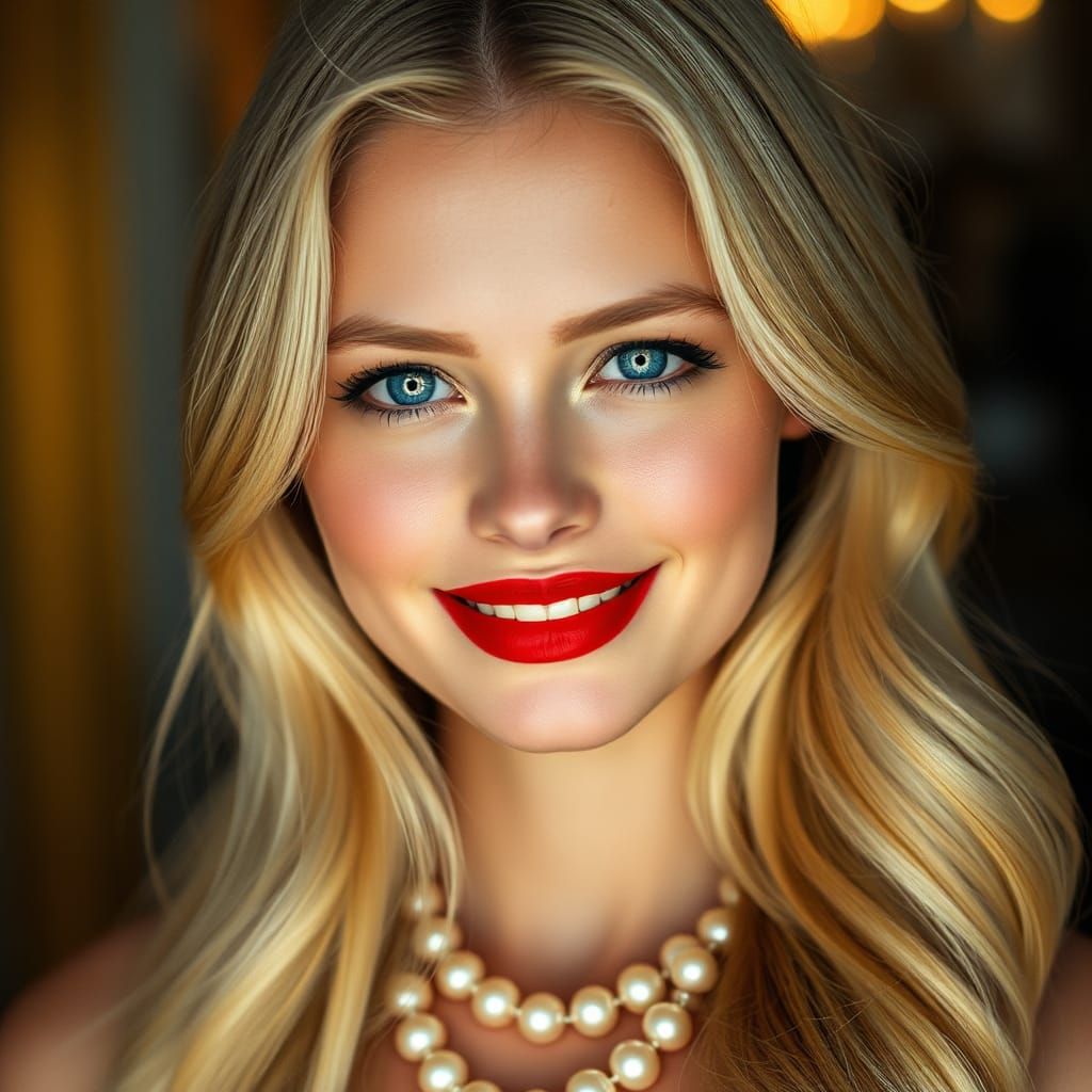 Smiling Blonde Woman with Pearl Necklace, Cinematic Portrait