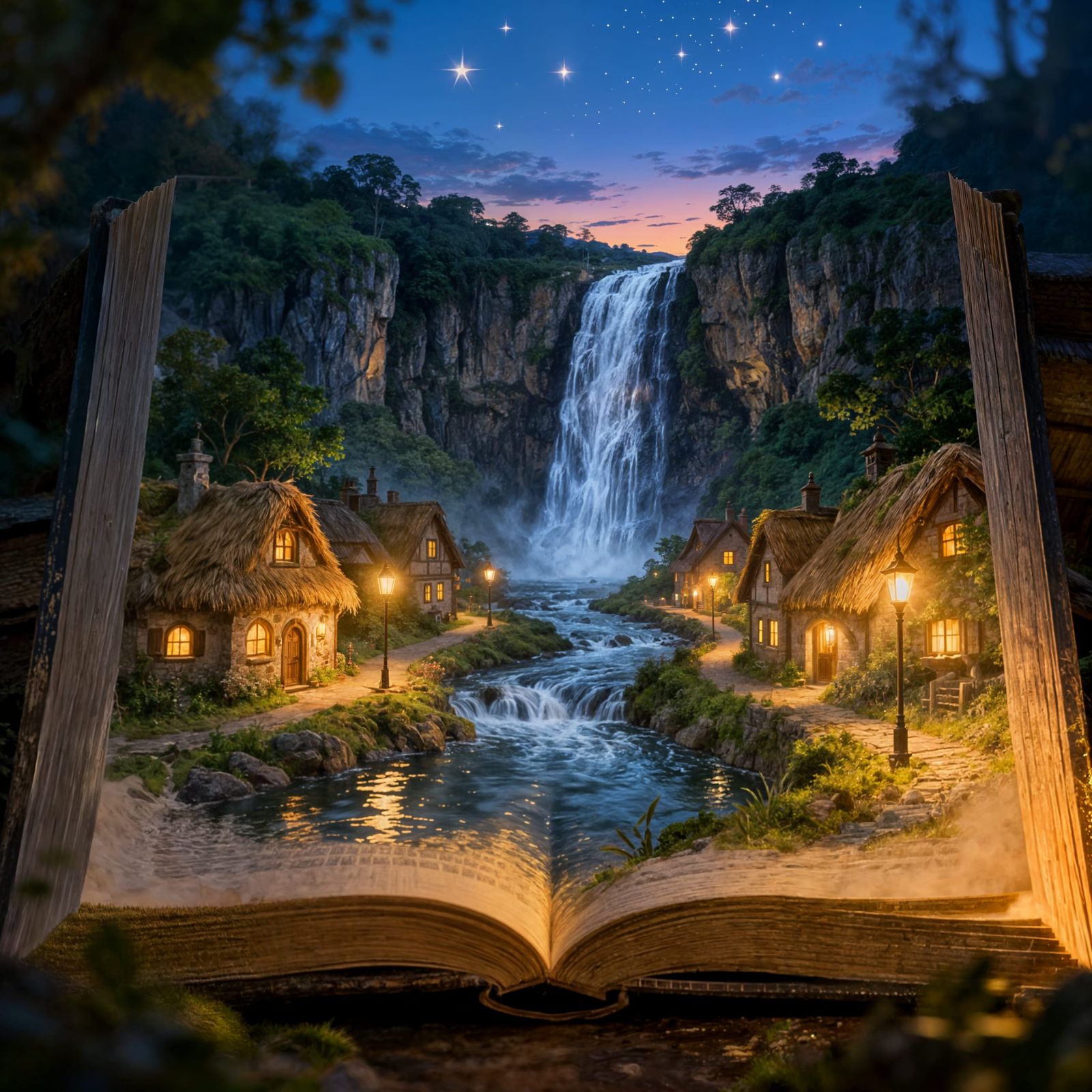Fantasy Landscape Emerges From Open Book at Twilight