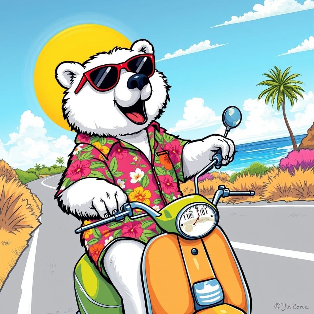 Polar Bear Cruises Tropical Coast in a Vibrant Hawaiian Shir...
