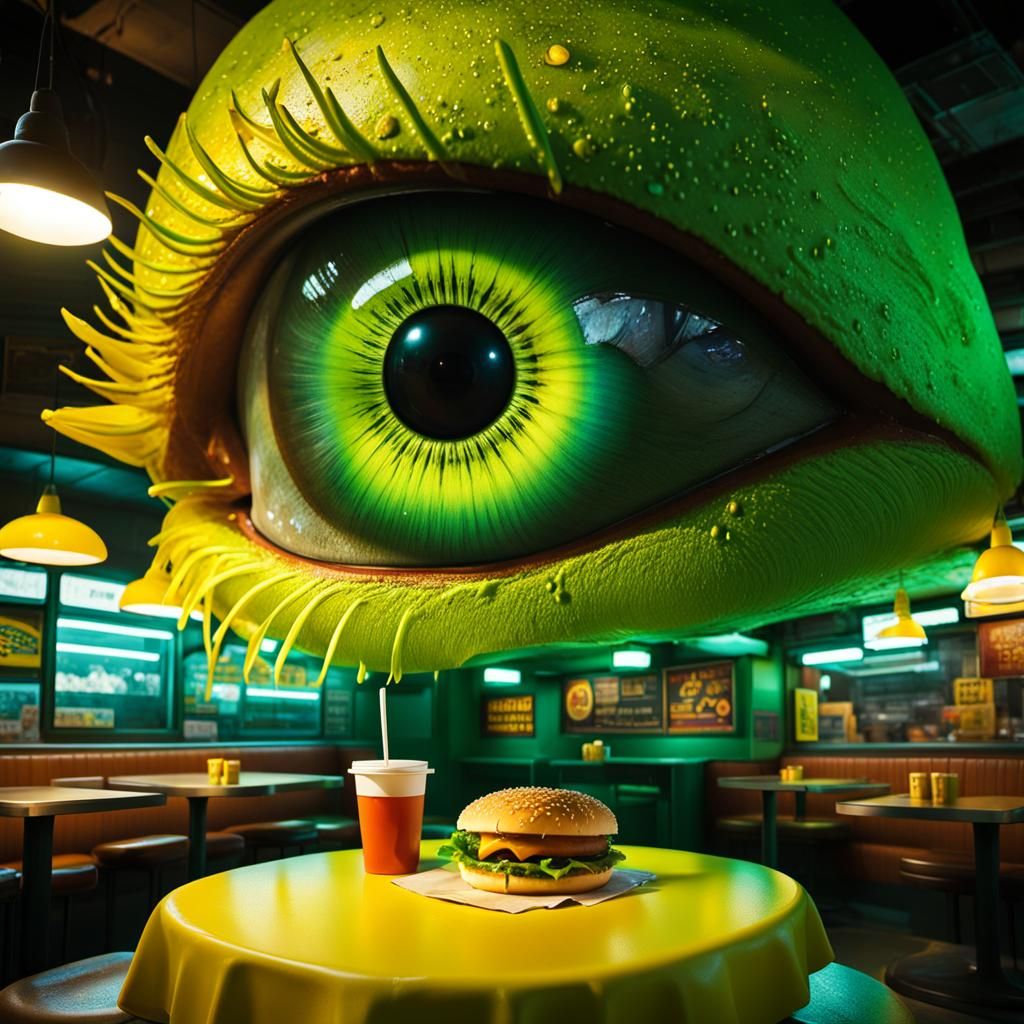 Surreal Giant Eye in Abandoned Restaurant