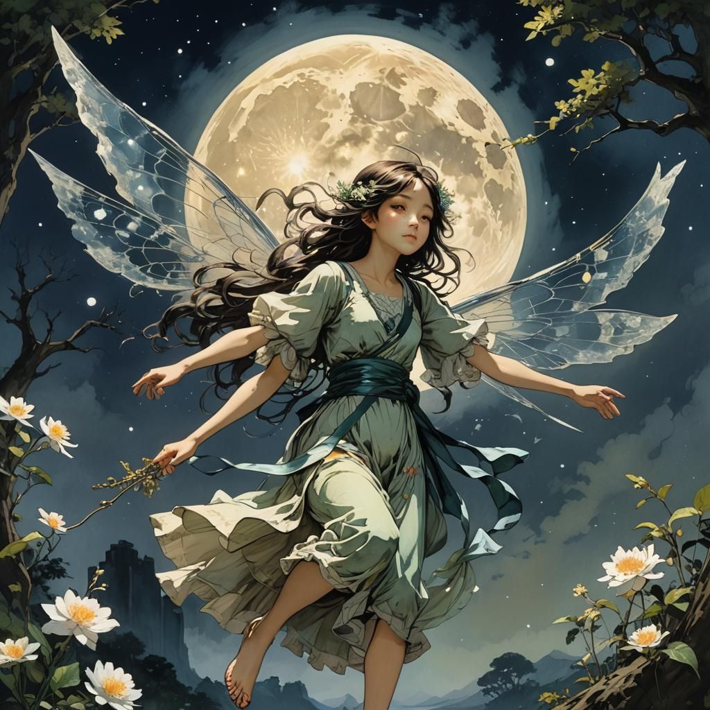 Fairy Flying Under Moon in Watercolor Style
