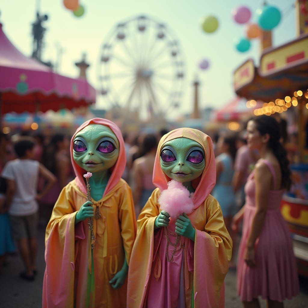 Aliens Mingle with Humans at a Vibrant Carnival in a Cinemat...