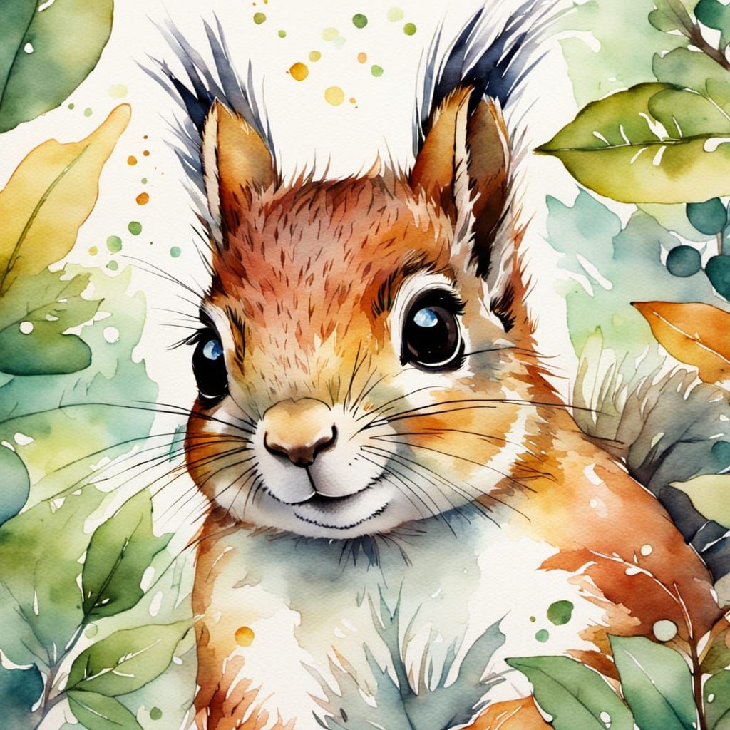 Whimsical Watercolour Squirrel Peeking Through Foliage