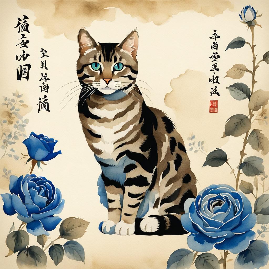 Charming Tabby Cat in Ito Jakuchu Watercolor Style