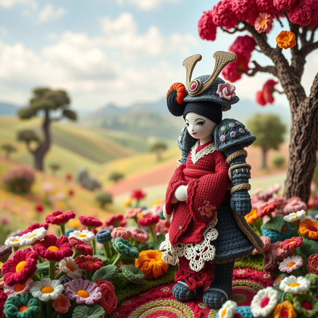 Crocheted Samurai Doll Defends Geisha in Yarn Garden