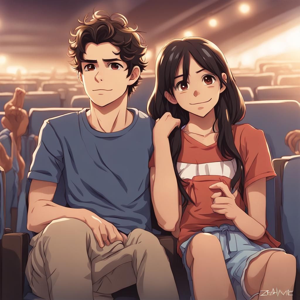 Young couple: A teenage boy, resembling Dylan O’Brien and a beautiful tan girl resembling Jenna Ortega, sitting together...