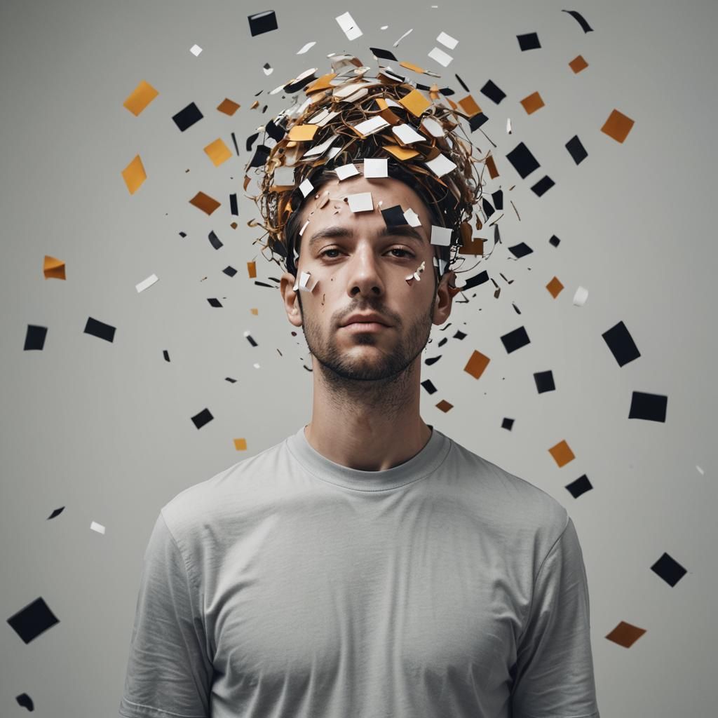 Man Blinded by Clutter in Minimalist Style