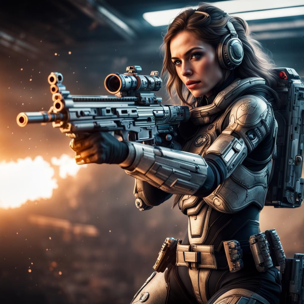 Female Space Warrior in Hyperrealistic Action