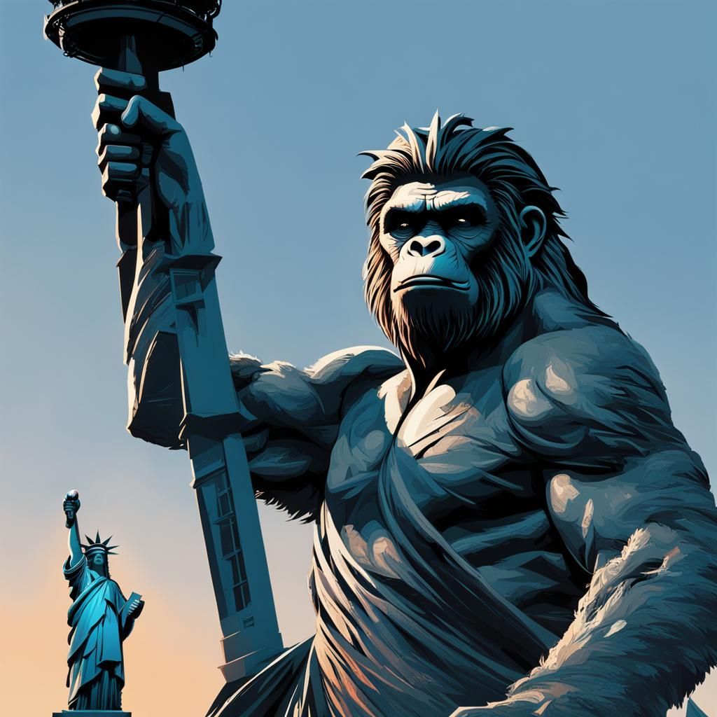 Ape Statue of Liberty on Island at Sunset