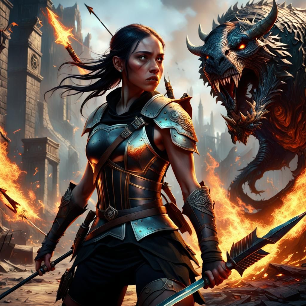 Girl Warrior Fighting Monsters in a Dark Fantasy Landscape
